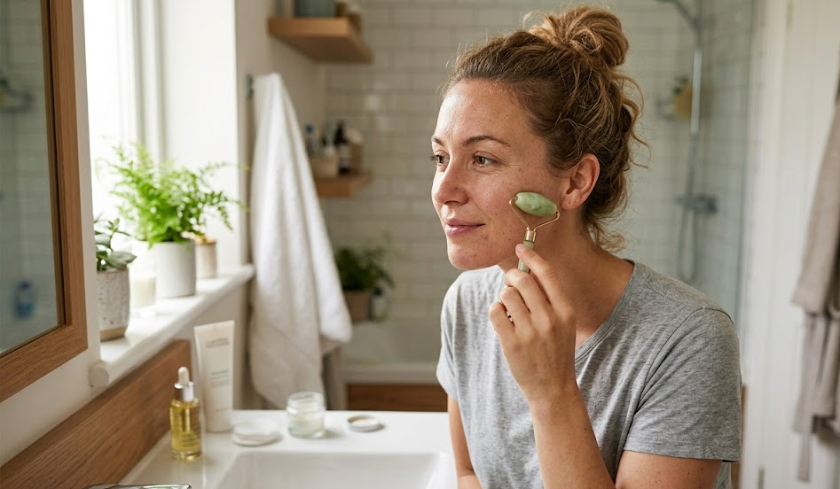 “A woman using a facial roller in a natural, everyday morning skincare routine.”