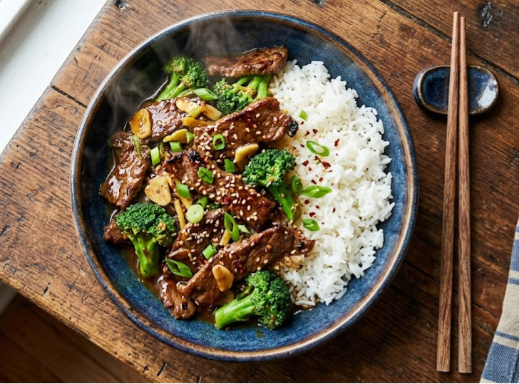 Beef and broccoli stir-fry served with white rice