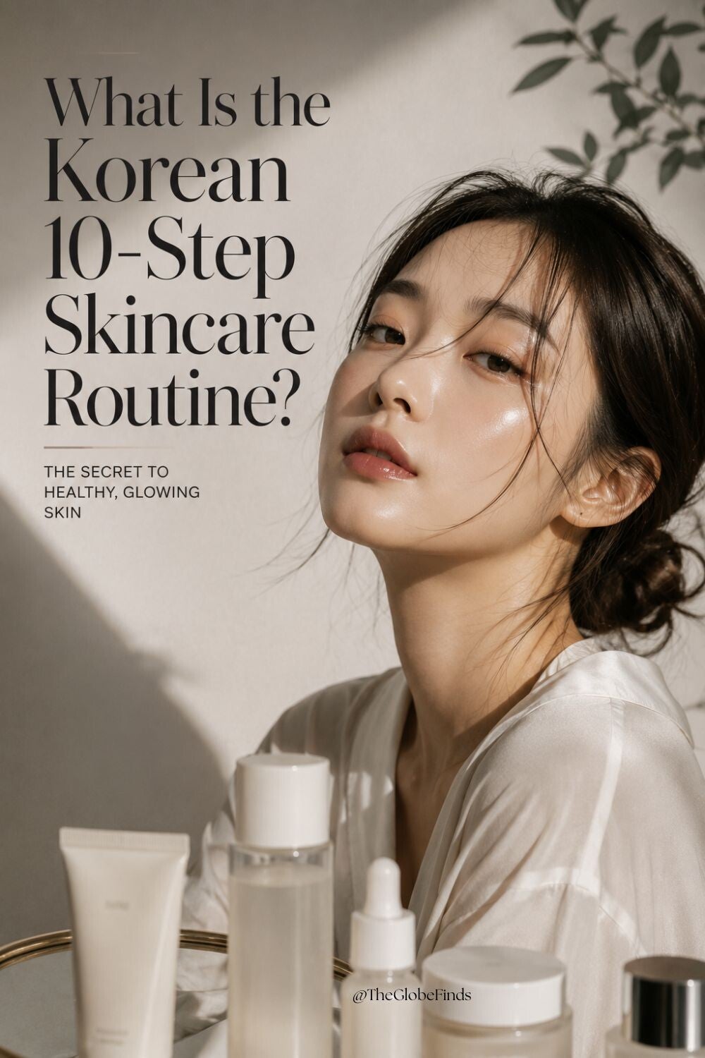 Korean model with glowing glass skin posing in a minimalist skincare editorial for the Korean 10-step skincare routine.