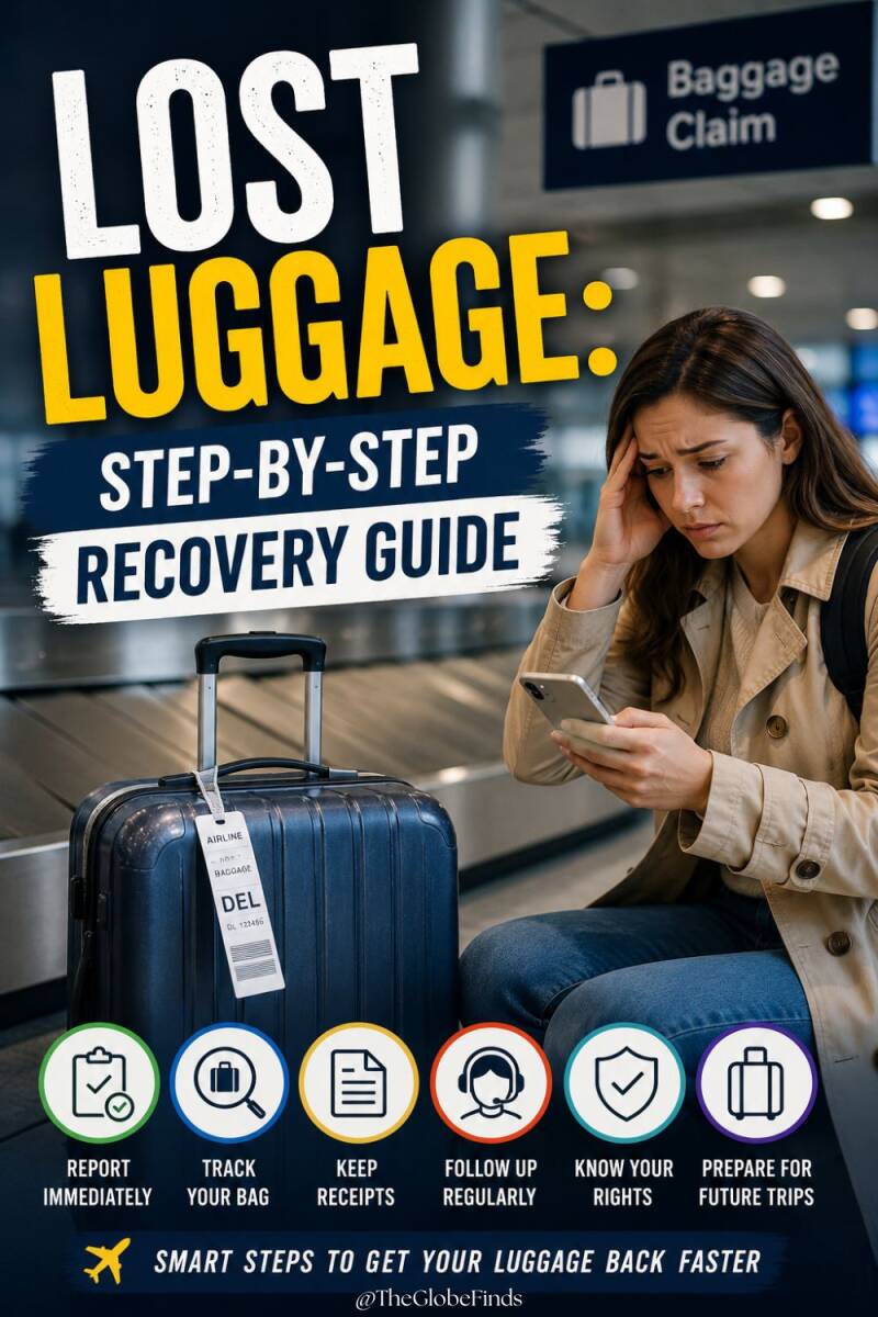 Traveler sitting near an airport baggage claim carousel looking concerned while checking a smartphone after discovering missing luggage, with a suitcase nearby.