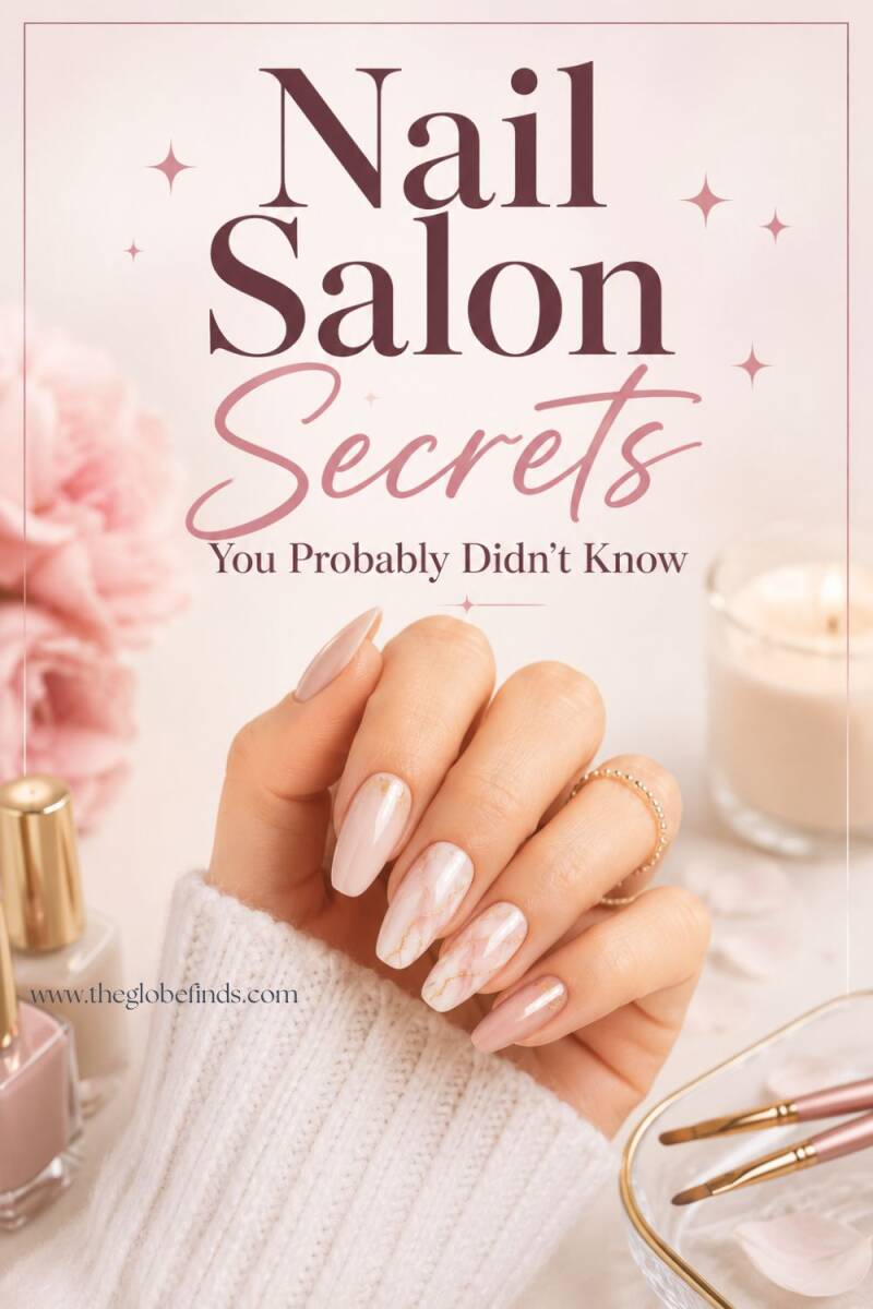 Elegant Pinterest-style beauty image featuring almond-shaped nude and marble nail art manicure surrounded by luxury nail care products, showcasing nail salon secrets and professional manicure inspiration
