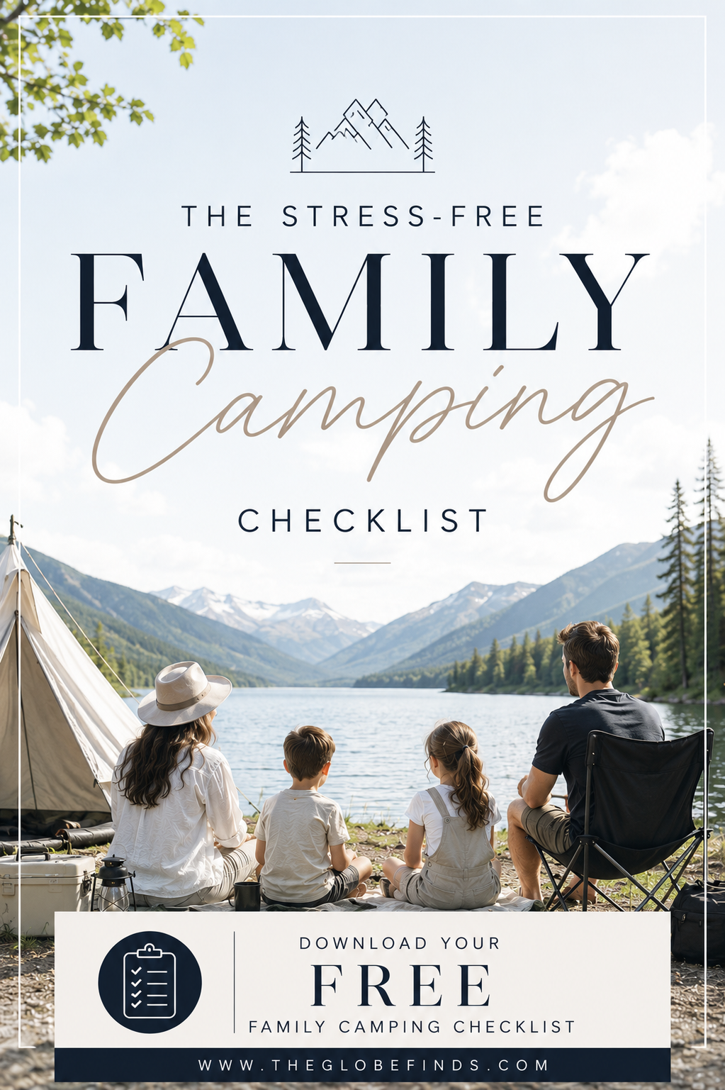 Family camping checklist featuring parents and children enjoying a lakeside campsite with a tent, camping stove, cooler, portable power station, lantern, camp table, cooking supplies, and outdoor essentials.