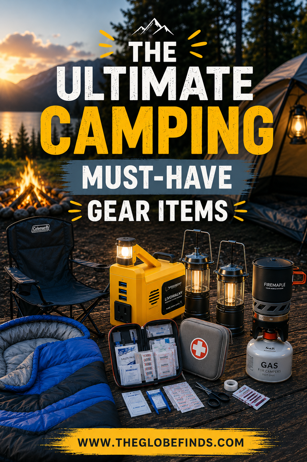 The Ultimate Camping Must-Have Gear Items featuring a camping tent, sleeping bag, camp chair, portable power station, camping lanterns, camp stove, and first aid kit arranged at a scenic outdoor campsite.