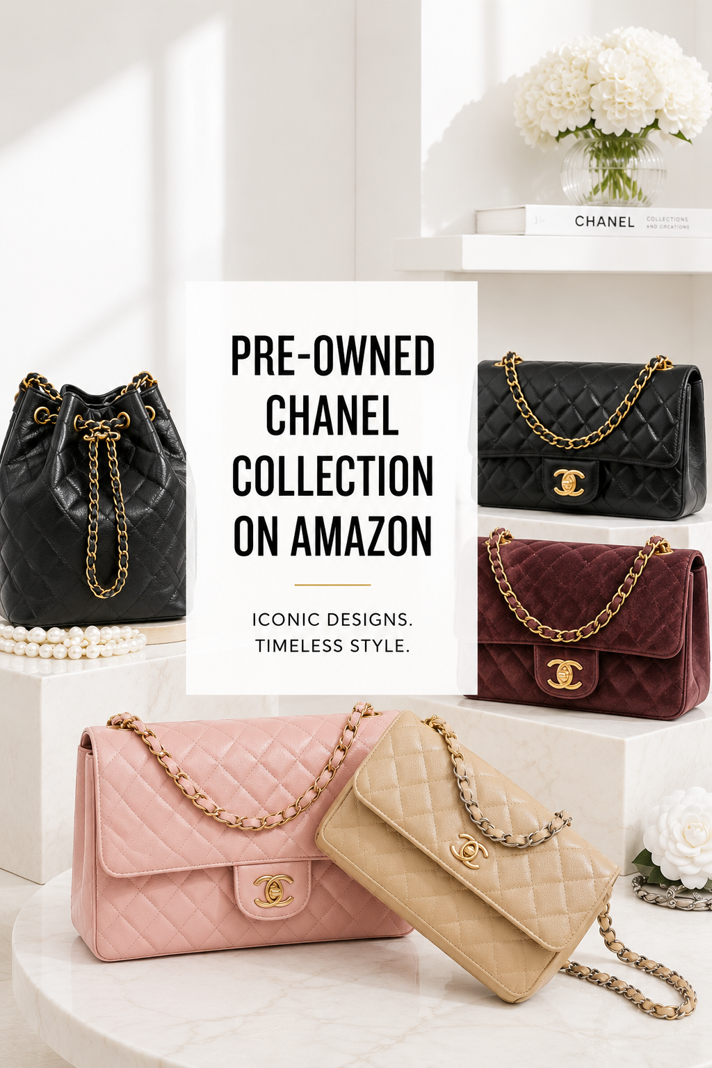 Display of pre-owned Chanel handbags on Amazon, featuring Classic Flap bags, quilted shoulder bags, and bucket bags in black, pink, burgundy, and beige alongside a Chanel-style tweed jacket.