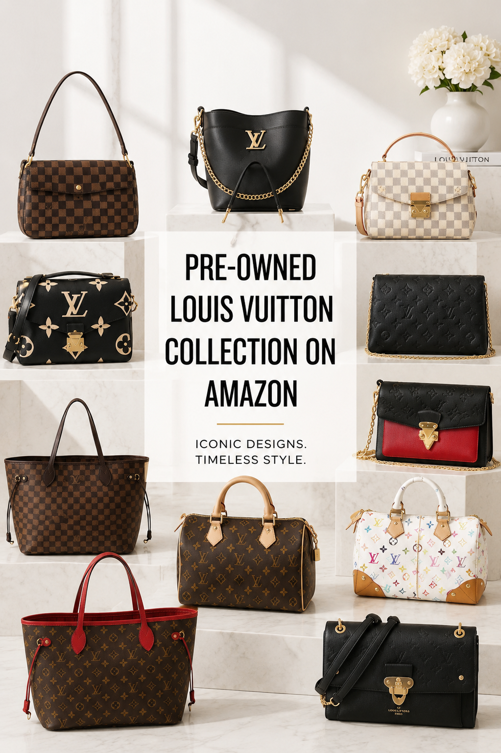 Collage of pre-owned Louis Vuitton handbags available on Amazon, featuring popular styles including Neverfull, Pochette, and shoulder bags with text overlay reading "Pre-Owned Louis Vuitton Collection on Amazon."