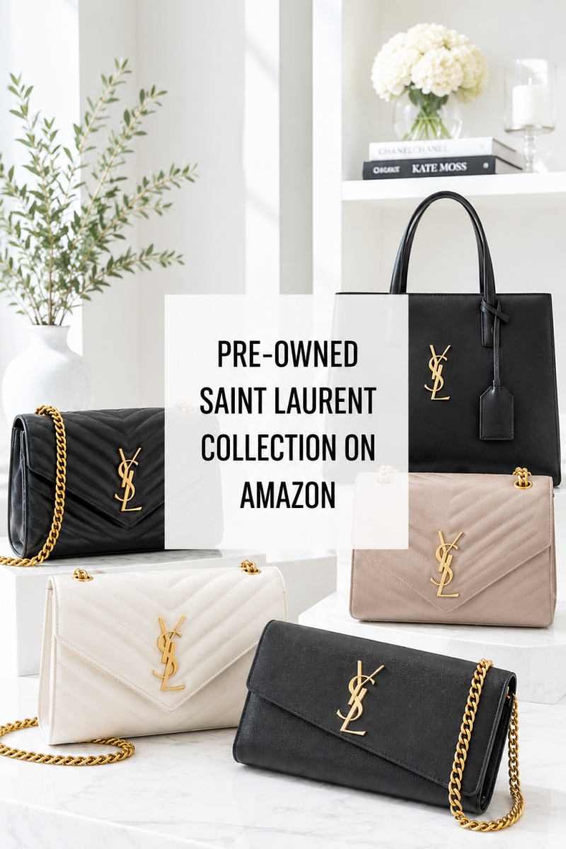 Best pre-owned Saint Laurent (YSL) bags displayed on white marble pedestals in a bright luxury boutique with a modern editorial aesthetic.
