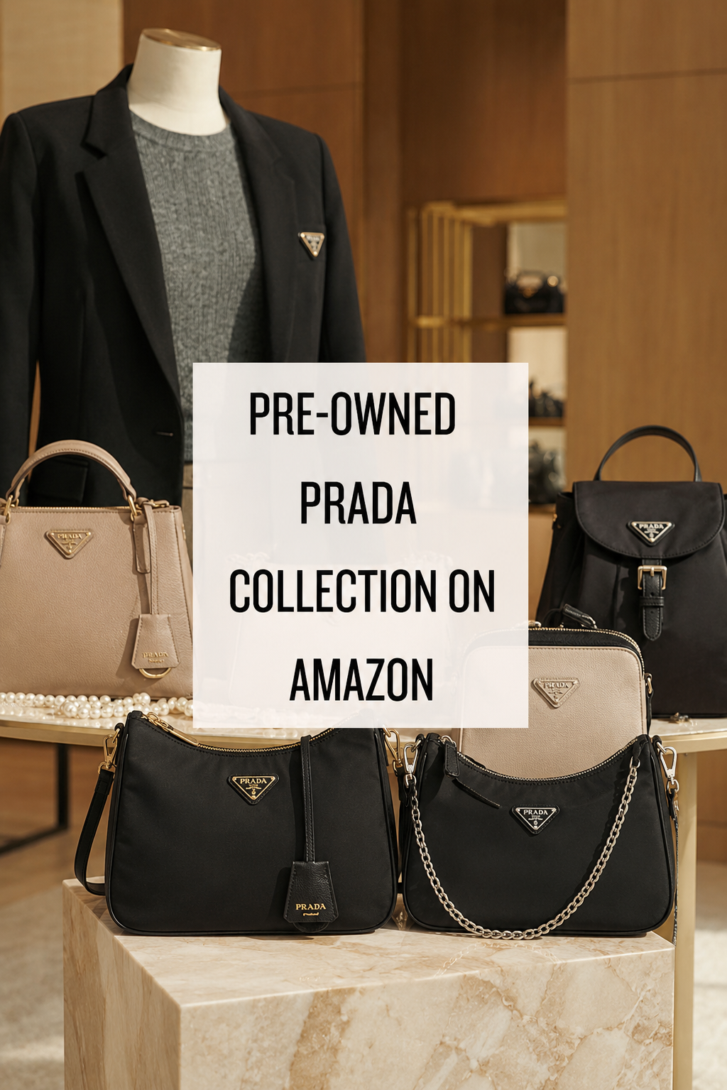 Collection of pre-owned Prada handbags displayed in a luxury boutique with a sign reading "Pre-Owned Prada Collection on Amazon" over a semi-transparent white background.