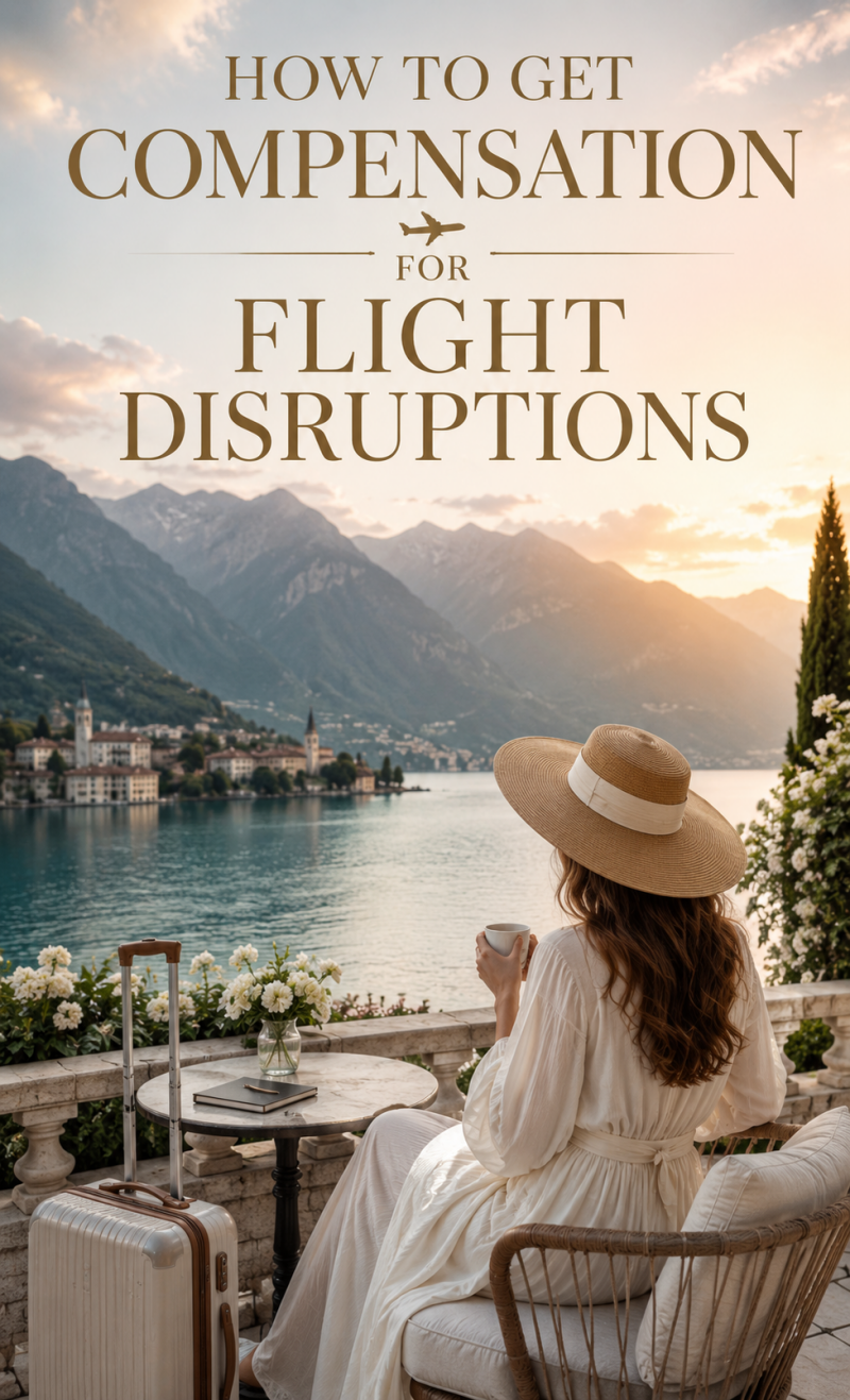 Traveler relaxing at a luxury lakeside destination with luggage nearby, symbolizing smart travel planning and understanding compensation rights for flight disruptions.