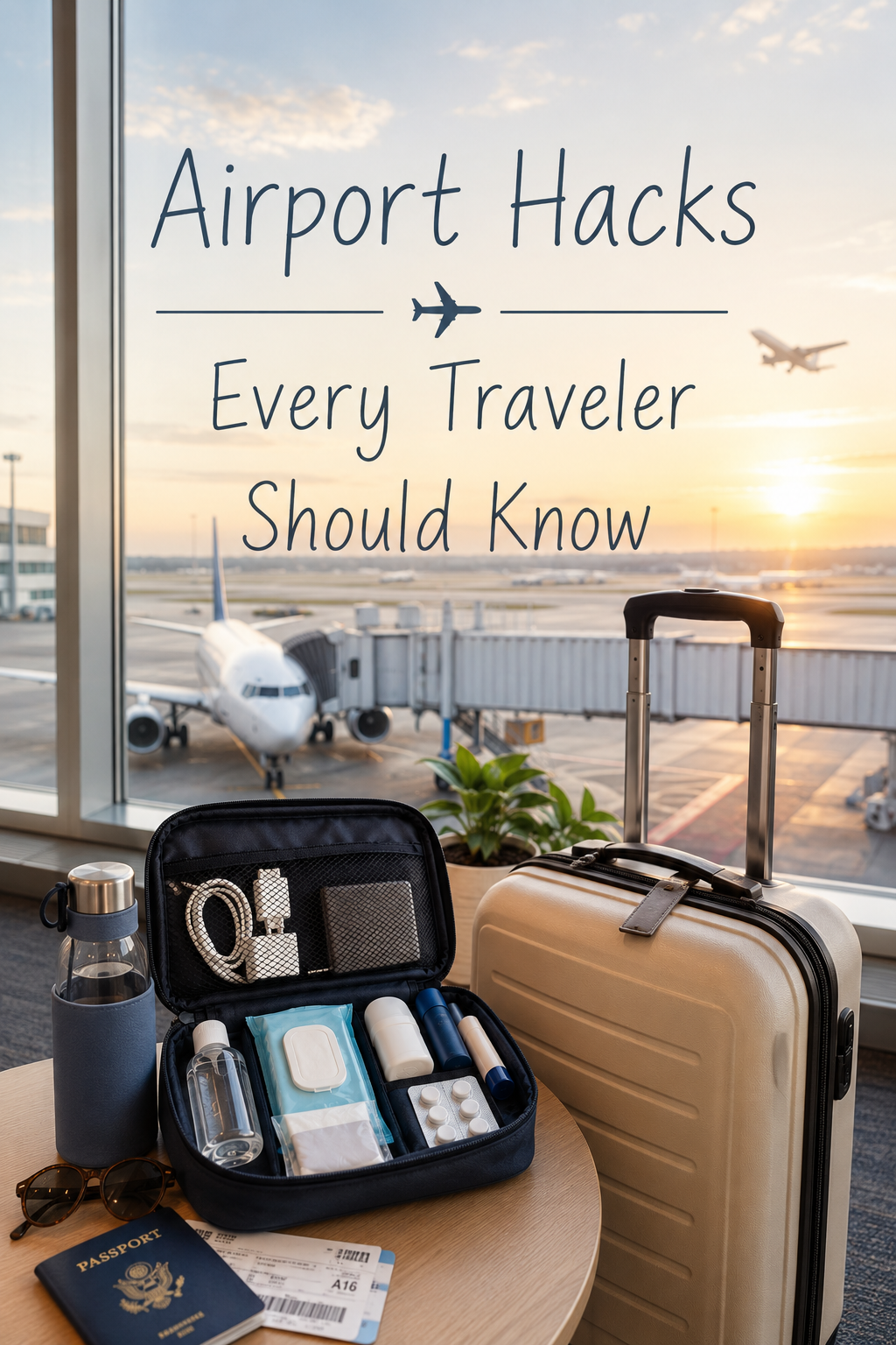 Travel essentials including a suitcase, passport, reusable water bottle, and airport survival kit displayed near an airport window, representing smart airport travel hacks.