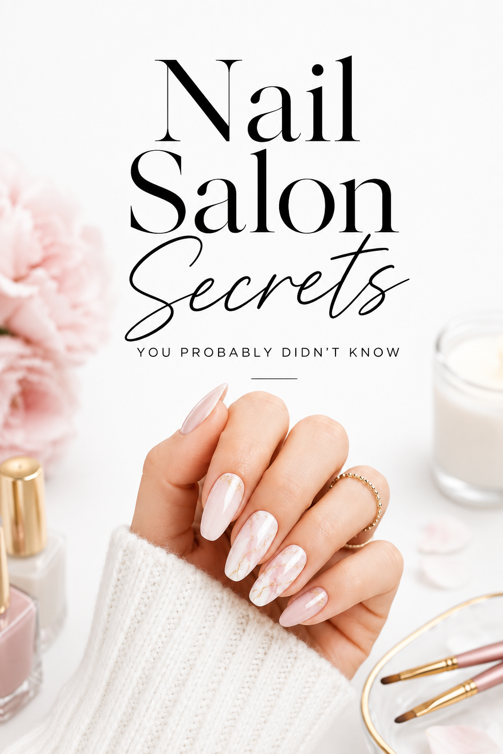 Elegant Pinterest-style beauty image featuring almond-shaped nude and marble nail art manicure surrounded by luxury nail care products, showcasing nail salon secrets and professional manicure inspiration