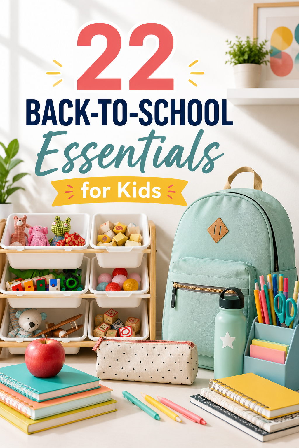 22 back-to-school essentials for kids, including colorful school supplies, kids headphones, safety scissors, rulers, glue sticks, a weekly planner, personalized labels, an iPad case, and other school organization essentials.