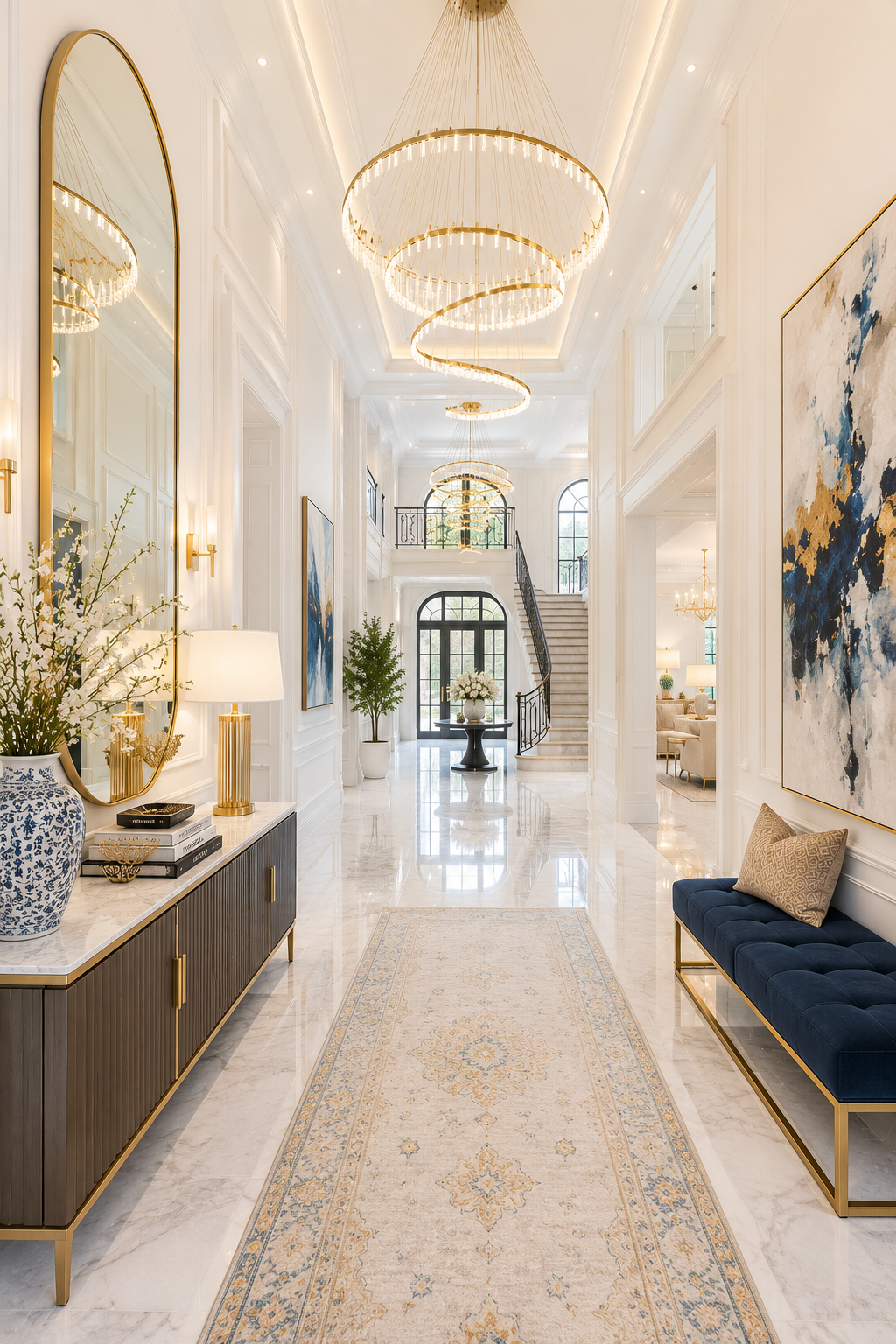 Opulent Marble Foyer with Golden Chandeliers