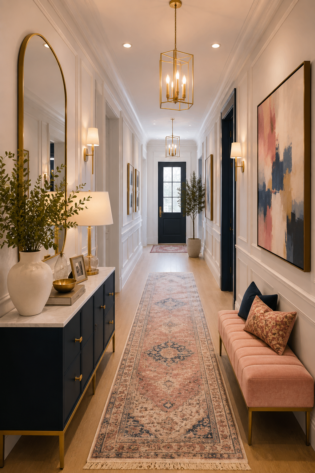 Elegant Navy-Accented Hallway with Gold Details