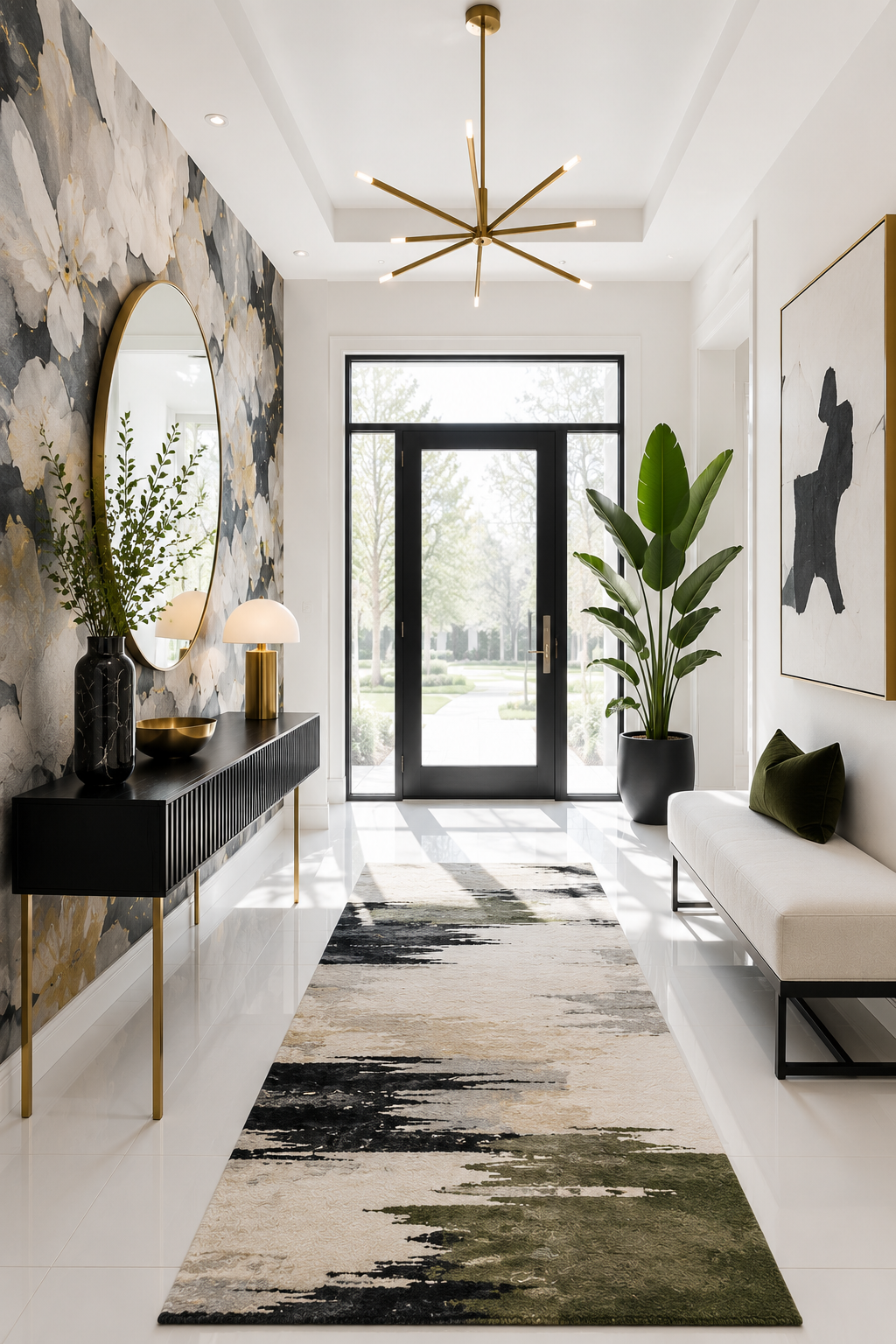 Modern Symmetrical Foyer with Brass Accents