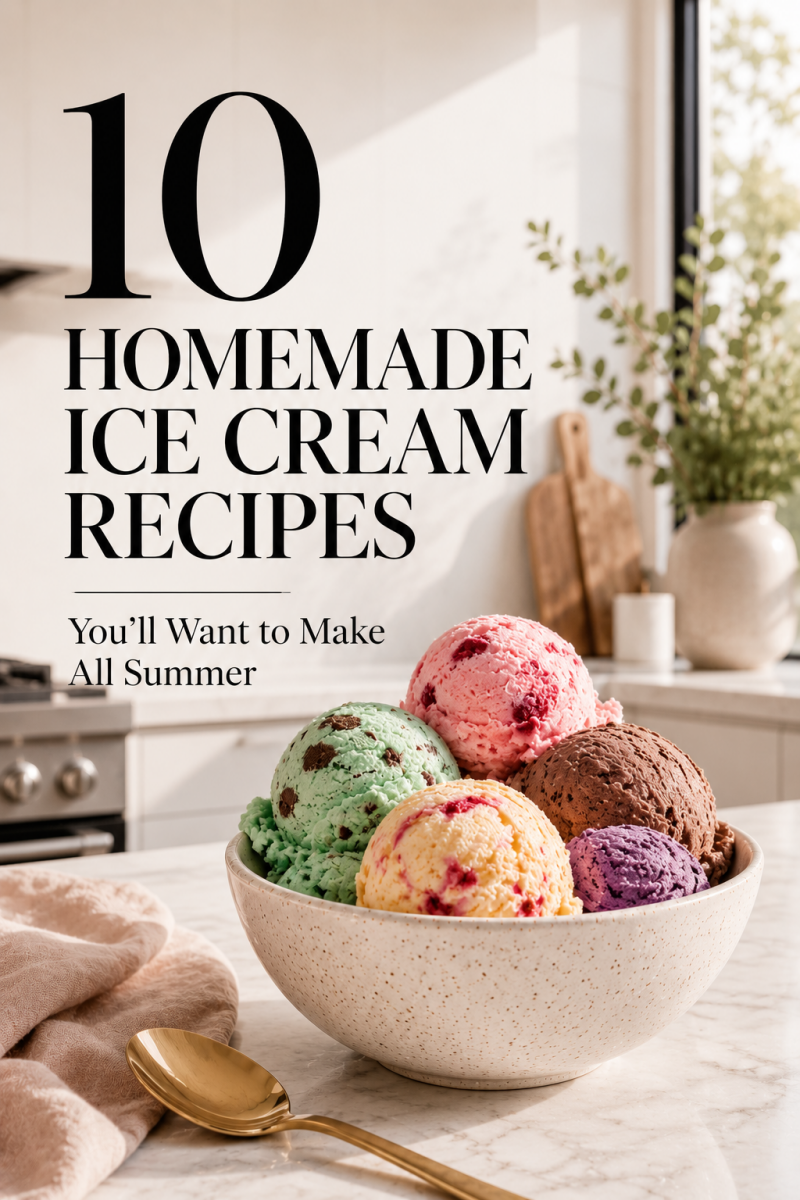 A bowl of colorful homemade ice cream scoops on a marble countertop in a bright modern kitchen with the title "10 Homemade Ice Cream Recipes You'll Want to Make All Summer."