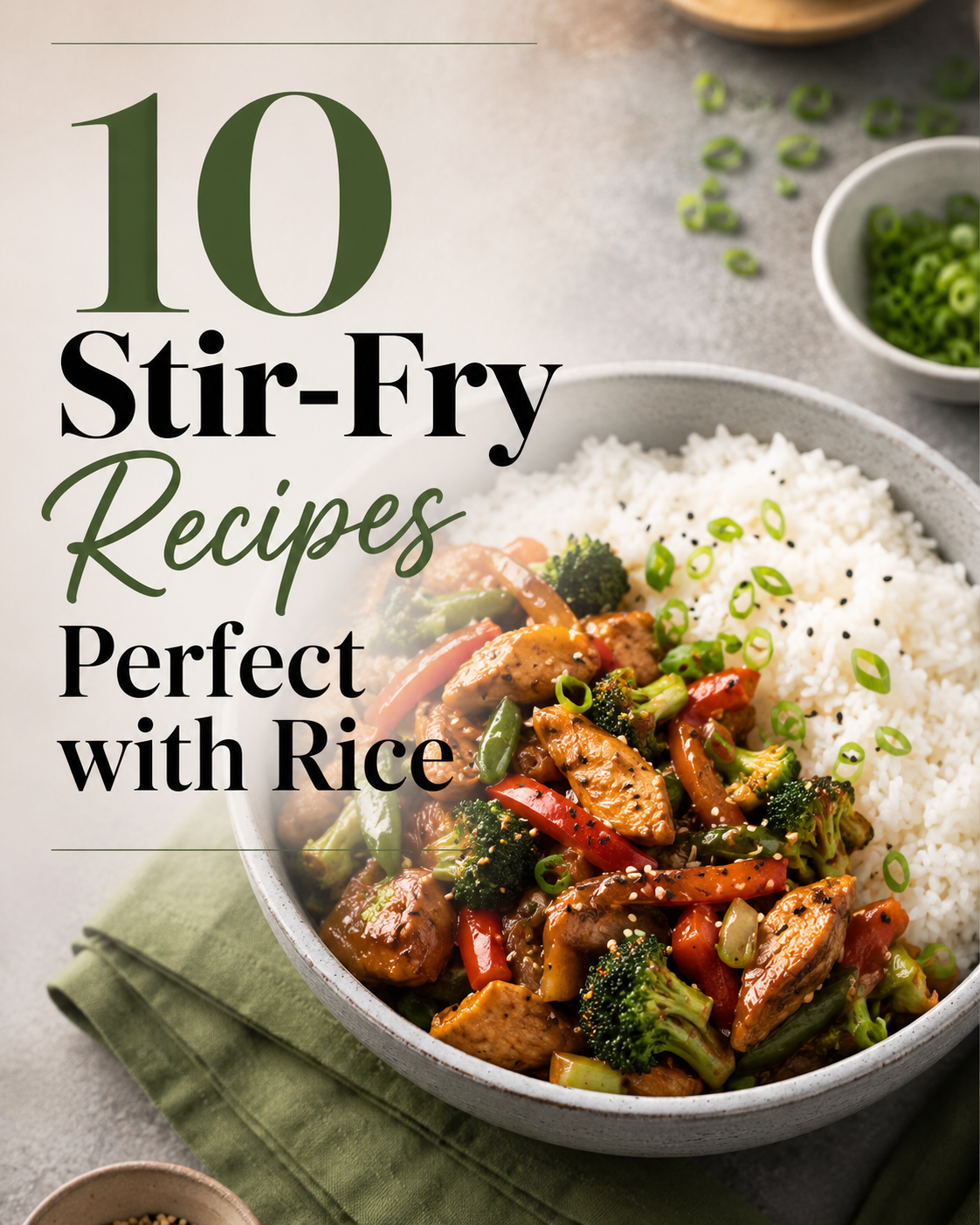 A magazine-style cover featuring a vibrant chicken and vegetable stir-fry served over fluffy white rice in a modern ceramic bowl, with the title "10 Stir-Fry Recipes Perfect with Rice" displayed in bold editorial typography.