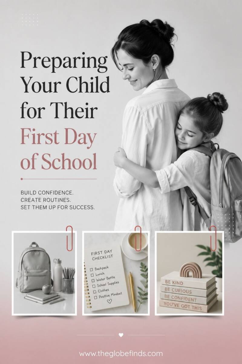 Modern Pinterest-style hero image featuring a mother hugging her child wearing a backpack from behind before the first day of school. Minimalist editorial design with neutral tones and the title "Preparing Your Child for Their First Day of School."