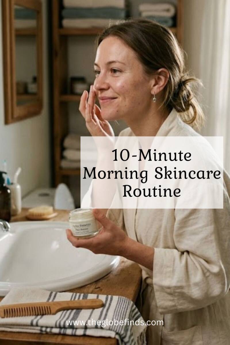 A woman doing minimal morning skincare routine setup for healthy glowing skin.