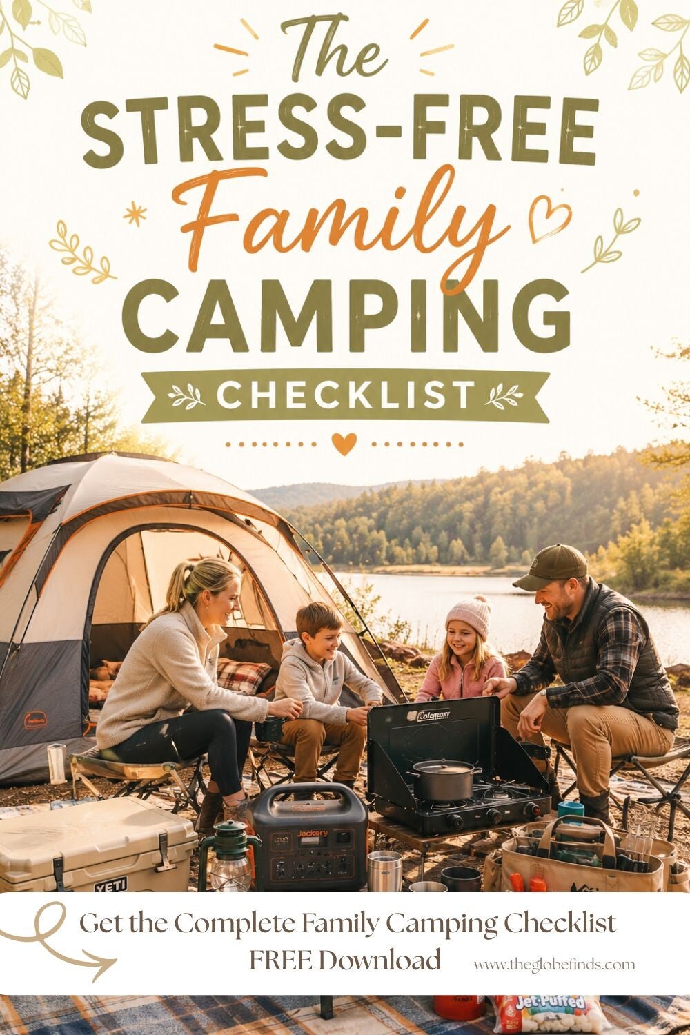 Family camping checklist featuring parents and children enjoying a lakeside campsite with a tent, camping stove, cooler, portable power station, lantern, camp table, cooking supplies, and outdoor essentials.