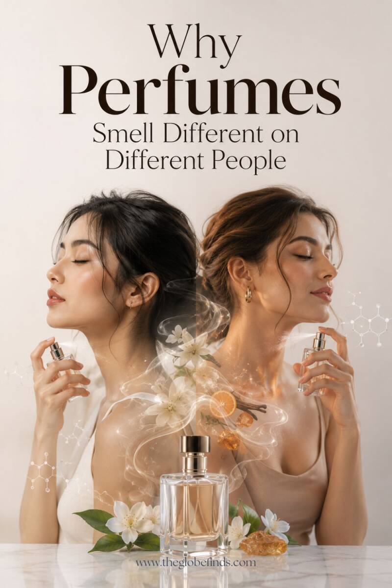 Modern Pinterest-style hero image showing two women wearing perfume with elegant fragrance notes and a luxury perfume bottle, illustrating why perfumes smell different on different people due to unique skin chemistry and body composition.