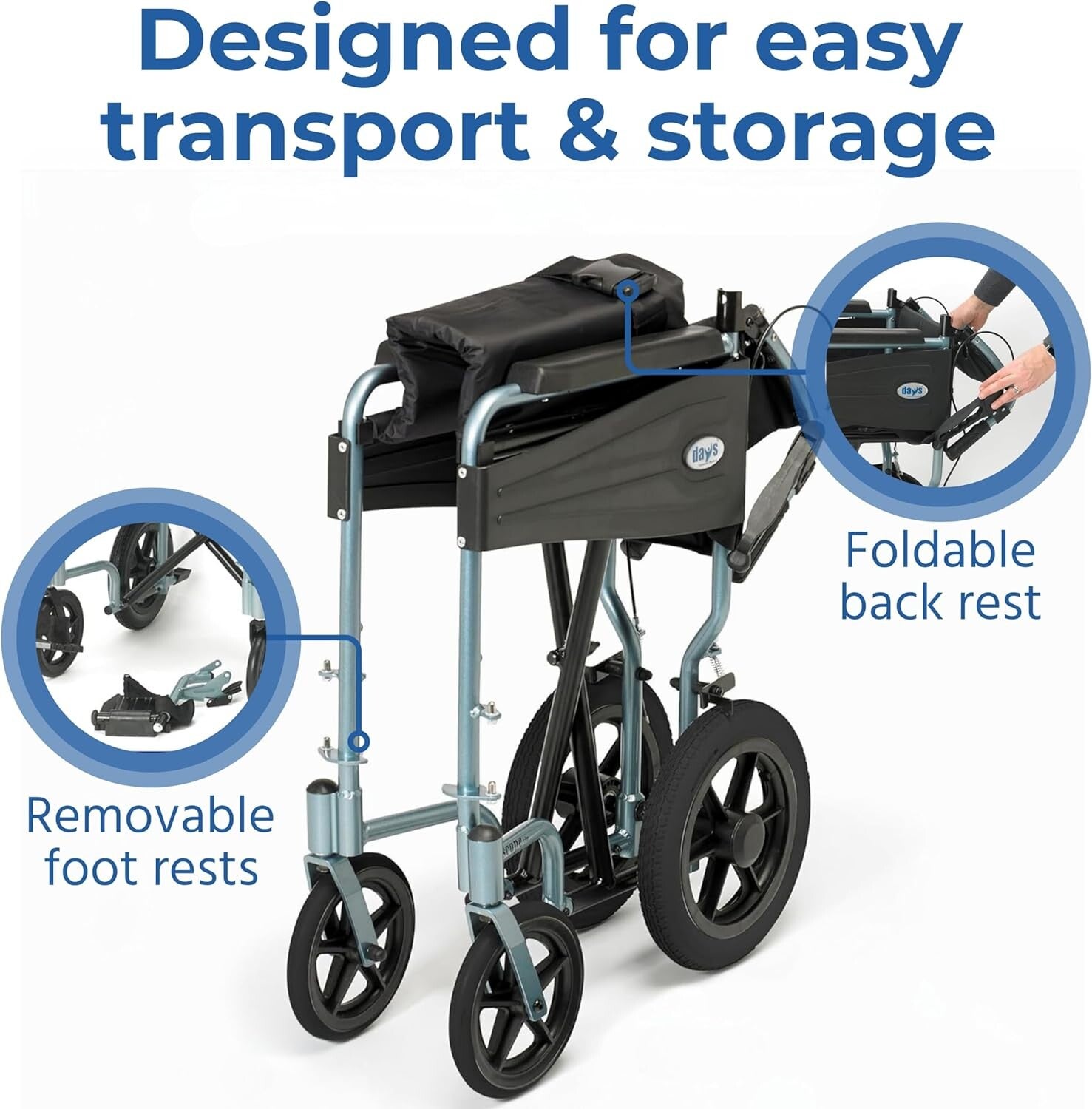 Folding Wheelchairs, Compact Wheel Chair with Adjustable Footrests, Attendant Propelled, Padded Seat
