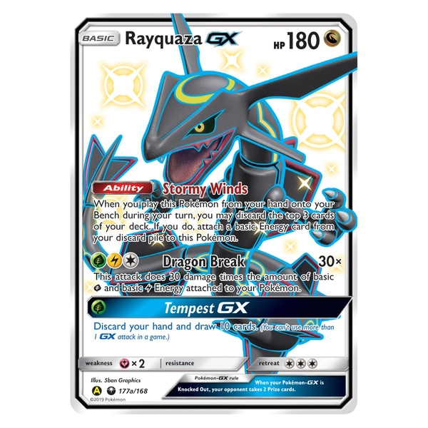 Pokemon TCG: Hidden Fates Ultra-Premium Collection includes:3 full-art foil cards: Shiny Rayquaza-GX plus special gold versions of Solgaleo-GX and Lunala-GX