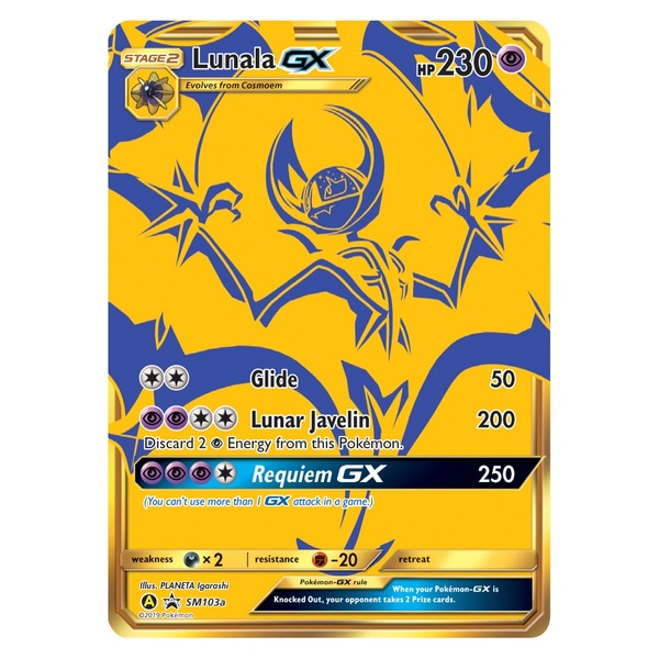 Pokemon TCG: Hidden Fates Ultra-Premium Collection includes:3 full-art foil cards: Shiny Rayquaza-GX plus special gold versions of Solgaleo-GX and Lunala-GX