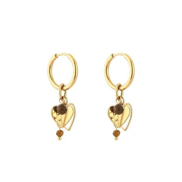 Hearts brown beads earrings gold