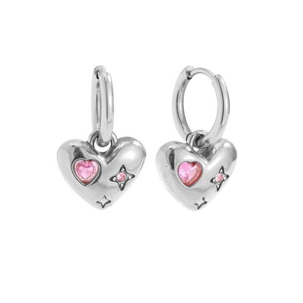 Pink heart charm earrings silver