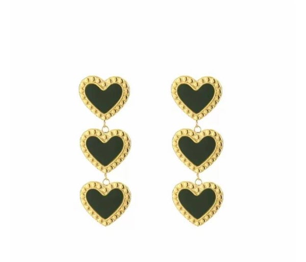 Triple heart earrings green gold
