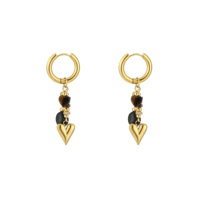 Beads and heart earrings cat eye gold