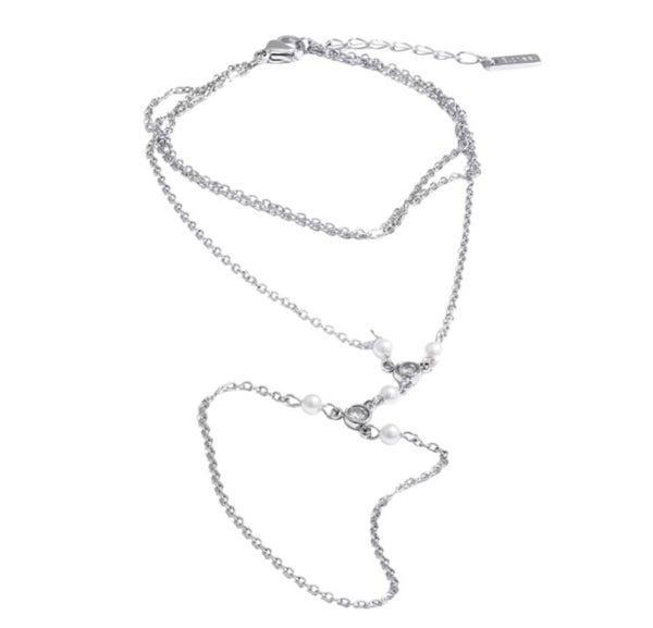 White beads hand chain silver