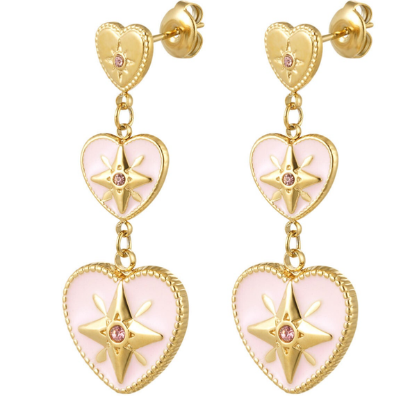 Three hearts in a row earrings pink gold