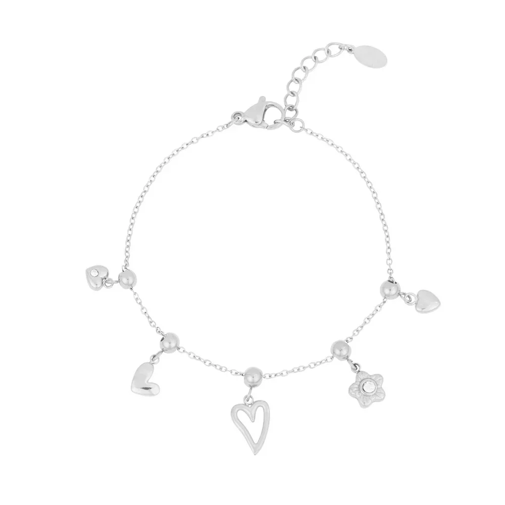 Flower & hearts bracelet silver