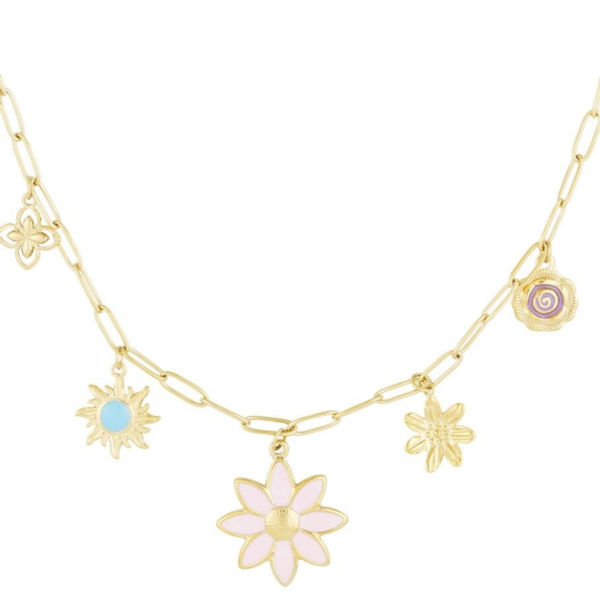 Pink flower necklace gold