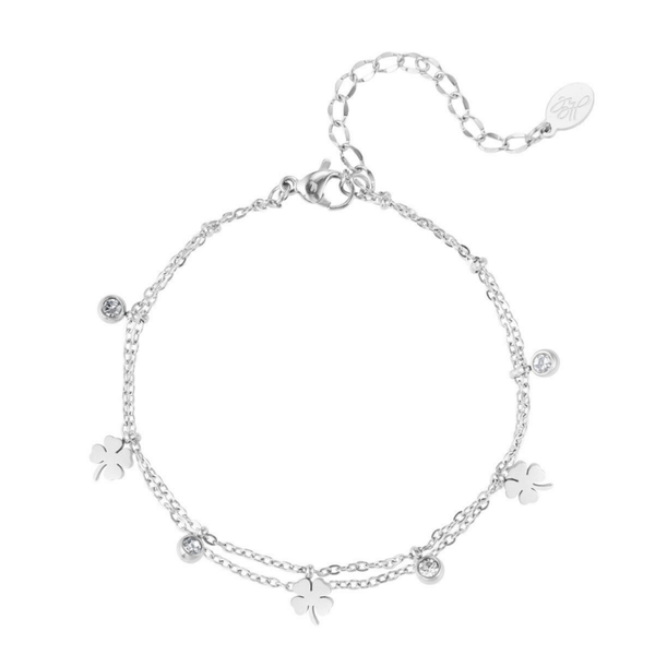 Double charm bracelet clover & diamonds silver