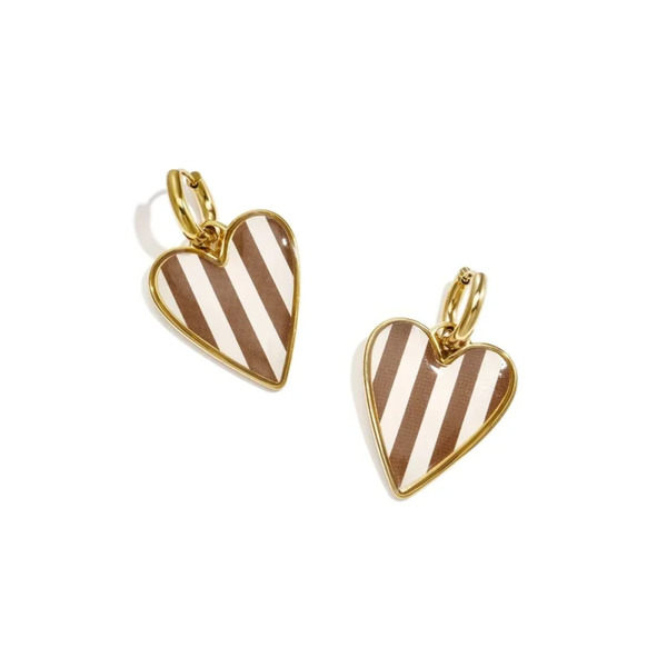 Brown striped heart earrings gold