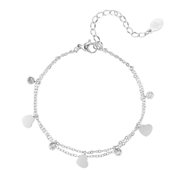 Double charm bracelet heart & diamonds silver