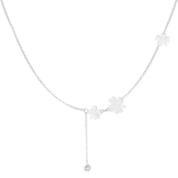 Three clovers and stone necklace silver