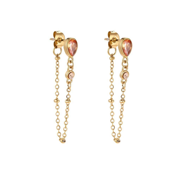 Pink zircon drop/chain earrings gold