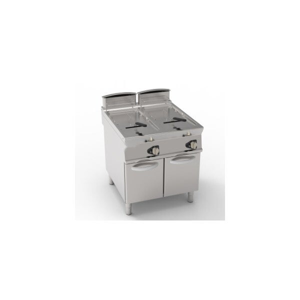 FRIGGITRICE GAS VASCA DOPPIA 21+21LT CON FONDO V FREESTANDING SU VANO CHIUSO - CESTELLI, COPERCHI E VASCA RECUPERO OLIO INCLUSI
