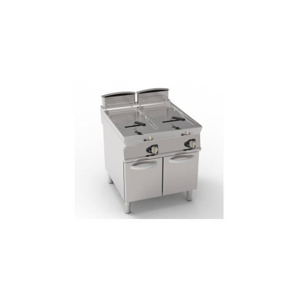 FRIGGITRICE GAS VASCA DOPPIA 21+21LT CON FONDO V FREESTANDING SU VANO CHIUSO - CESTELLI, COPERCHI E VASCA RECUPERO OLIO INCLUSI