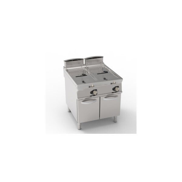 FRIGGITRICE GAS VASCA DOPPIA 17+17LT CON SCAMBIATORI IN VASCA FREESTANDING SU VANO CHIUSO - CESTELLI, COPERCHI E VASCA RECUPERO OLIO INCLUSI