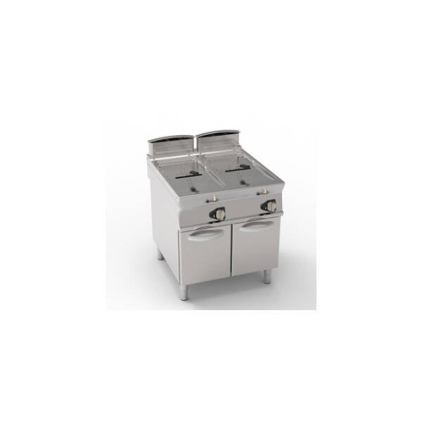 FRIGGITRICE GAS VASCA DOPPIA 17+17LT CON SCAMBIATORI IN VASCA FREESTANDING SU VANO CHIUSO - CESTELLI, COPERCHI E VASCA RECUPERO OLIO INCLUSI