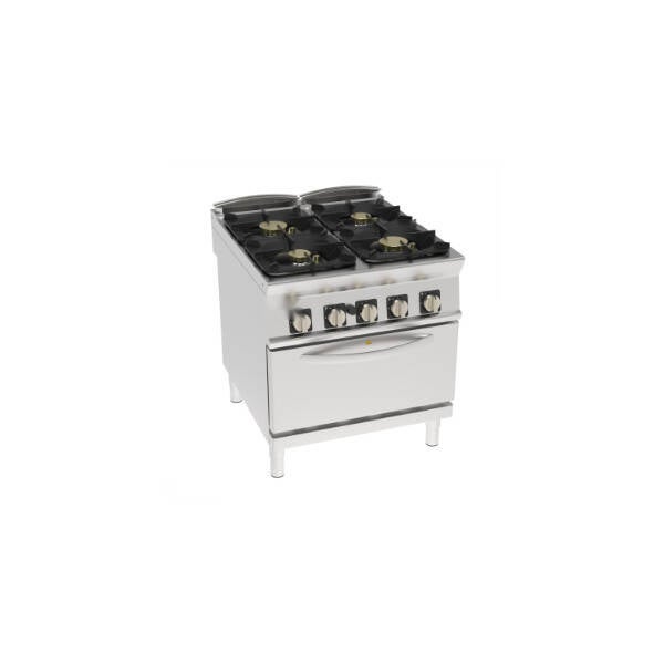 CUCINA GAS ERMETICA 4 FUOCHI CON GRIGLIE IN GHISA SU FORNO GAS STATICO GN2/1 CON 1 GRIGLIA