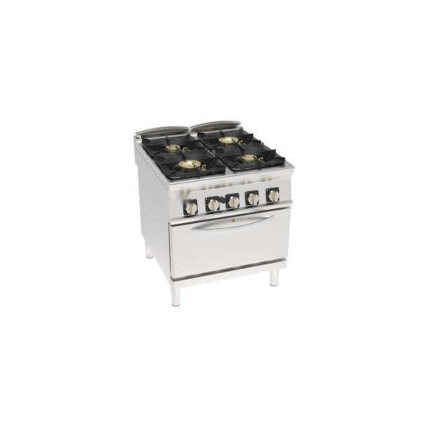 CUCINA GAS ERMETICA 4 FUOCHI HIGH POWER CON GRIGLIE IN GHISA SU FORNO GAS STATICO GN2/1 CON 1 GRIGLIA