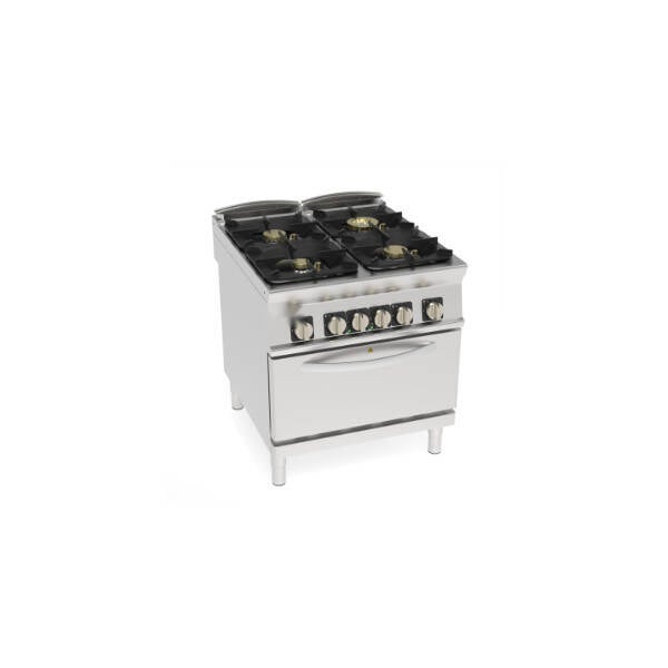 CUCINA GAS ERMETICA 4 FUOCHI SUPER CON GRIGLIE IN GHISA SU FORNO ELETTRICO STATICO GN2/1 CON 1 GRIGLIA