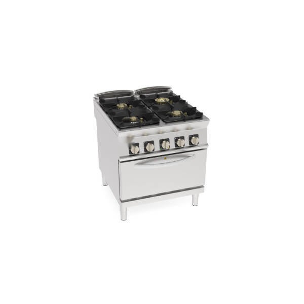 CUCINA GAS ERMETICA 4 FUOCHI SUPER CON GRIGLIE IN GHISA SU FORNO ELETTRICO VENTILATO GN1/1 CON 1 GRIGLIA