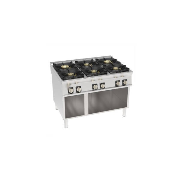PIANO COTTURA GAS ERMETICO 6 FUOCHI HIGH POWER CON GRIGLIE IN GHISA FREESTANDING SU VANO APERTO