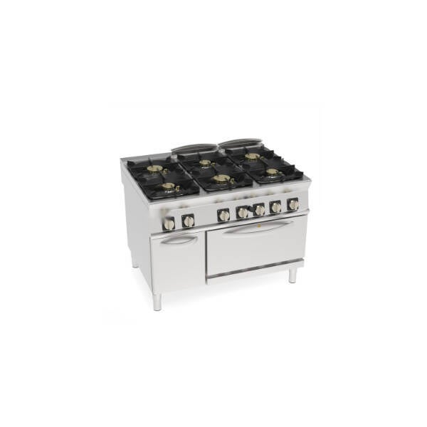 CUCINA GAS ERMETICA 6 FUOCHI CON GRIGLIE IN GHISA SU FORNO GAS STATICO GN2/1 CON 1 GRIGLIA